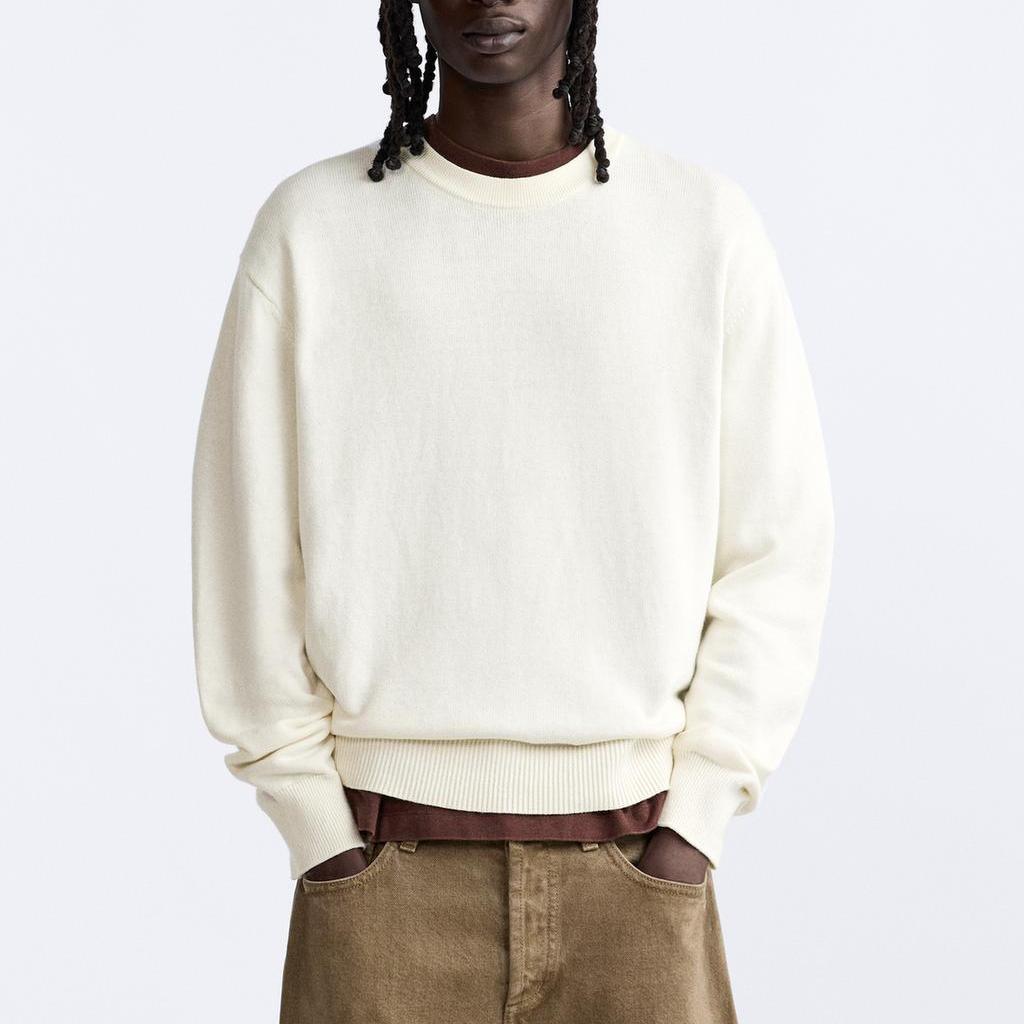 Zara Origins Special Collection Solid Color Casual Crew Neck Long Sleeve Sweater Men sweater White 9598432-712