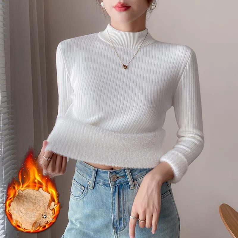 Thickened Semi High Neck Sweater with Fleece Pullover for Autumn and Winter To Keep Warm Knitted Sweater with Integrated Fleece Long Sleeved Sweater