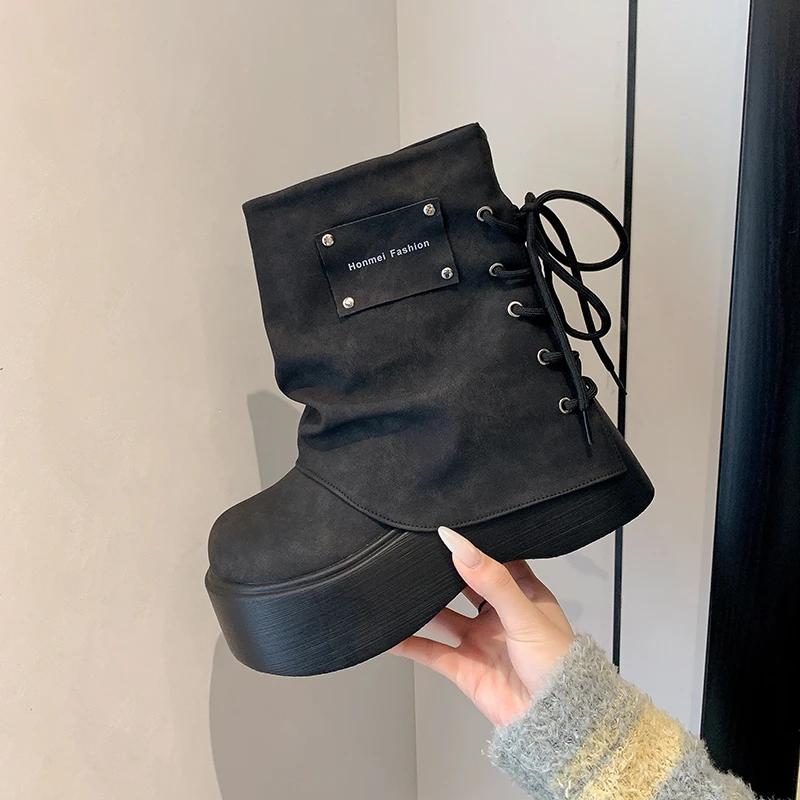 

Fashion Thick Bottom Women Ankle Boots Designer Back Lace Up Platform Heel Shoes Autumn Winter Modern Short Booties 40 чёрный