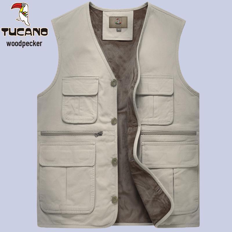 Woodpecker Men's Warm Fleece Lined Vest - Thickened Cotton Sleeveless Jacket for Autumn and Winter