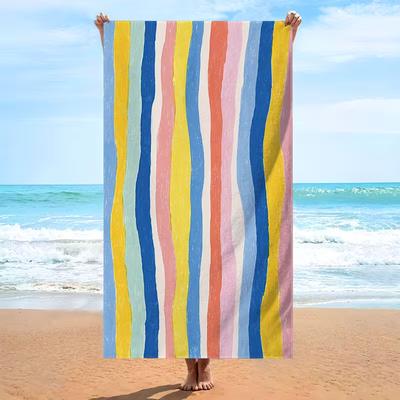Toalla de Playa Boho a Rayas Arcoíris Absorbente Secado Rápido Resistente a la Arena Toalla de Piscina Patrón de Rayas Onduladas Coloridas Toalla de Verano para Playa