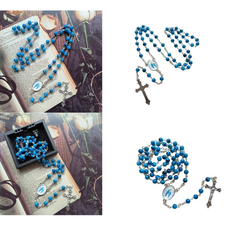 Vintage Glass Sapphires Blue Bead Necklace Religious Cross Pendant Rosary Necklace Christian Prayer Jewelry Baptism Gift