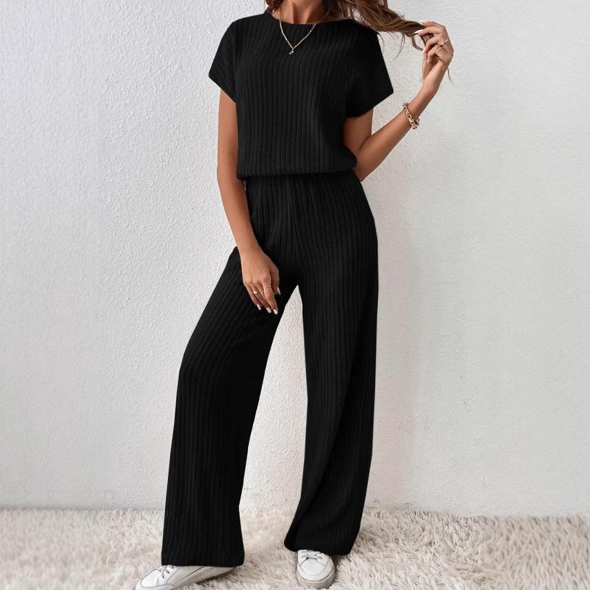 

Весна Осень Женский Однотонный Тонкий Плечевой Узор В Полоску Короткий Рукав Трикотажный Комплект Топ Брюки Комплект Из Двух Частей XS чёрный