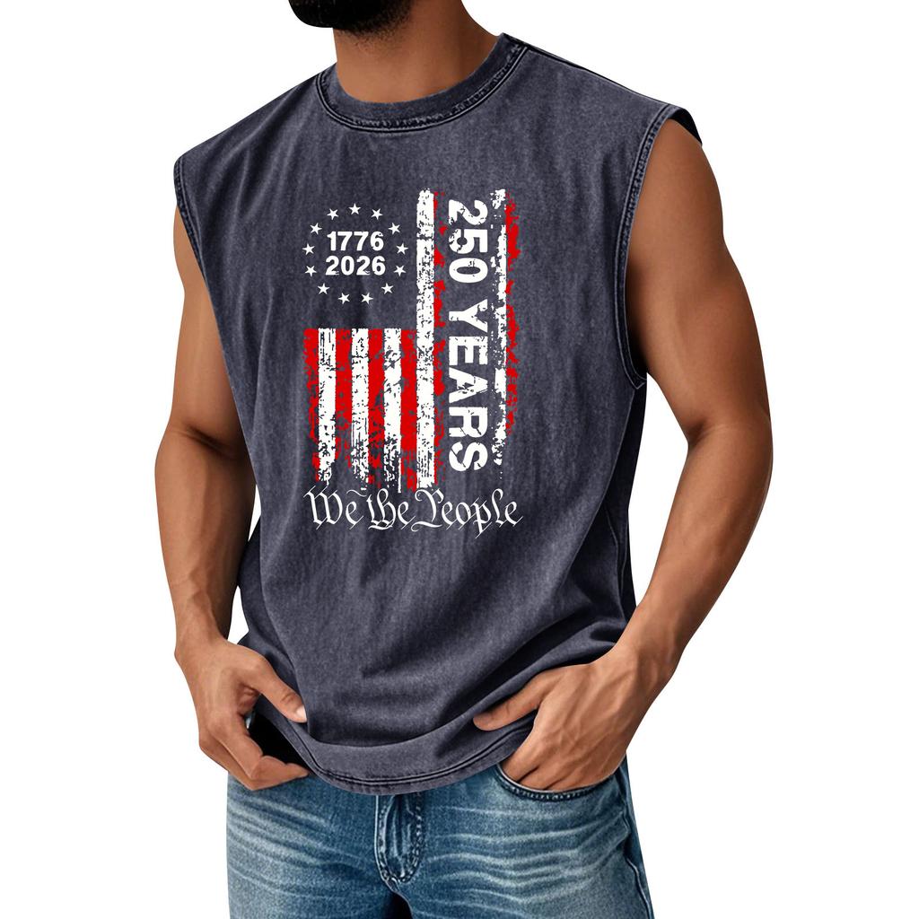 Men's Printed Round Neck Distressed Top Casual Comfort Vest