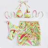 Women's Summer Fashion Sexy Texture Printing Backless Lace-up  Waist Pleated Knotted Bikini Three-pieces Swimsuit