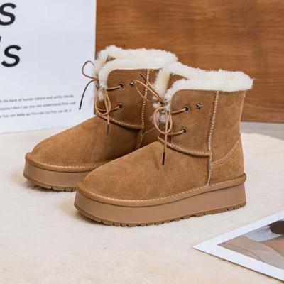 2 Winter Warm Thick Fleece Fur Integrated Snow Boots Women's Medium Cotton Boots Matte Leather Real Hair Thickened Wool Boots
