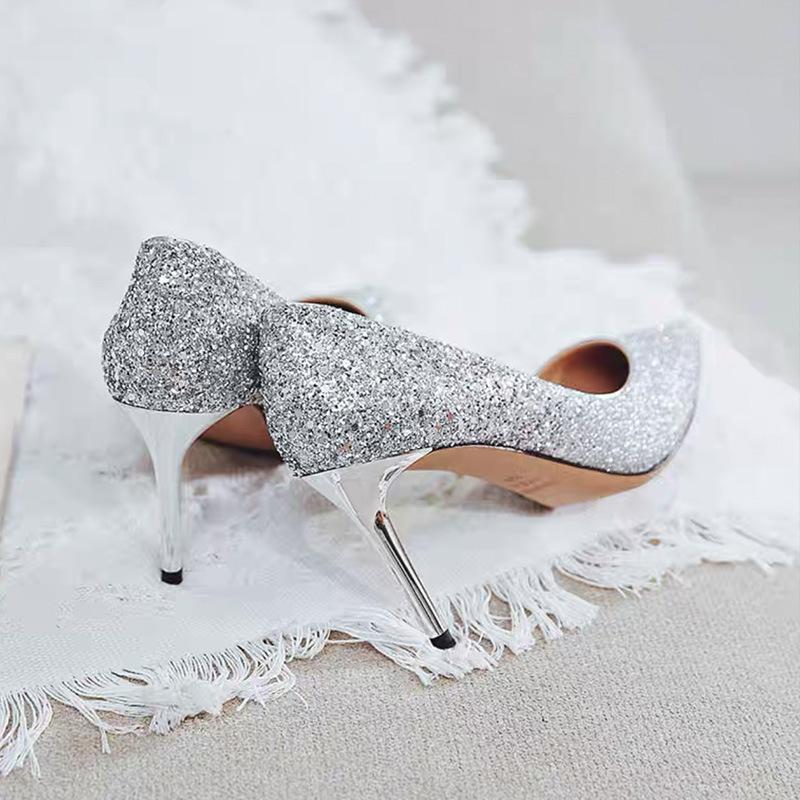 Wind New Women's Shoes Shallow Mouth Pointed Tip Shining Sequins Sexy and Thin High Heels Black Work Shoes
