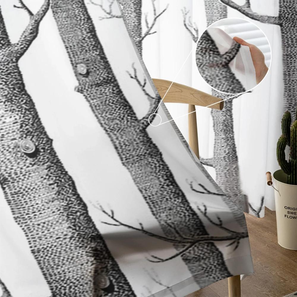 Gray White Birch Tree Branches Sheer Curtains for Living Room Decoration Tulle Voile Organza Window Curtains for Kitchen Bedroom