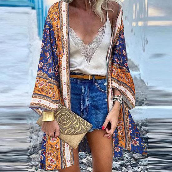 Women Cardigan Floral Print Batwing Sleeve Summer Bohemian Sun Protection Long Blouse for Daily Wear