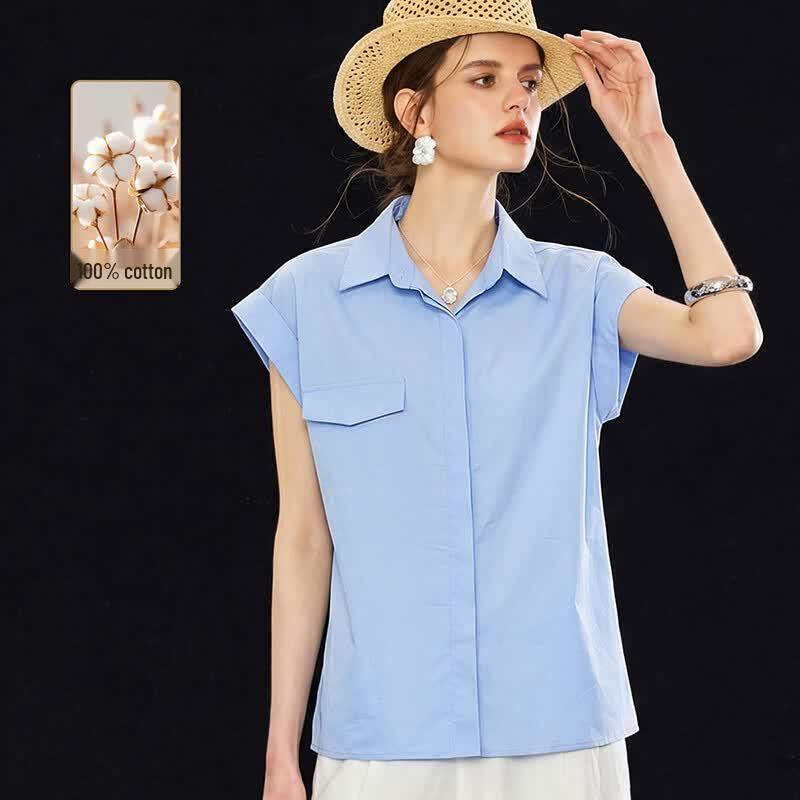 Wudao 100% Cotton Lapel Cap Sleeve Slim Fit Shirt XL