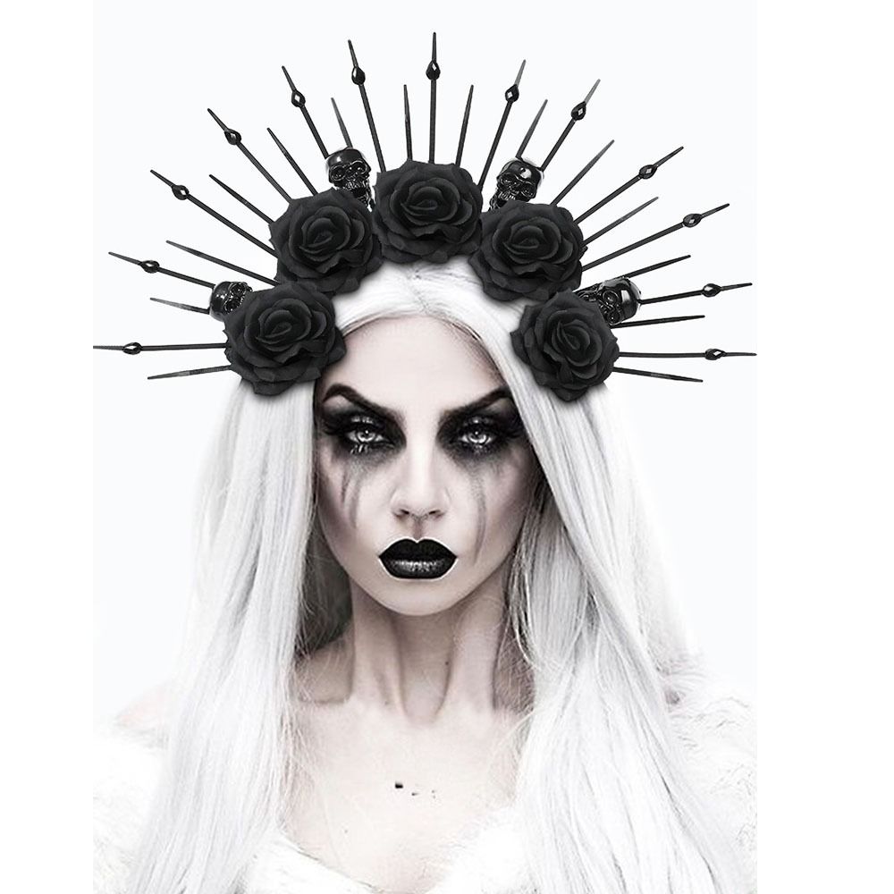 Black Rose Skull Rose Veil Headband Party Attire Gothic Flower Hair Hoops  Halloween