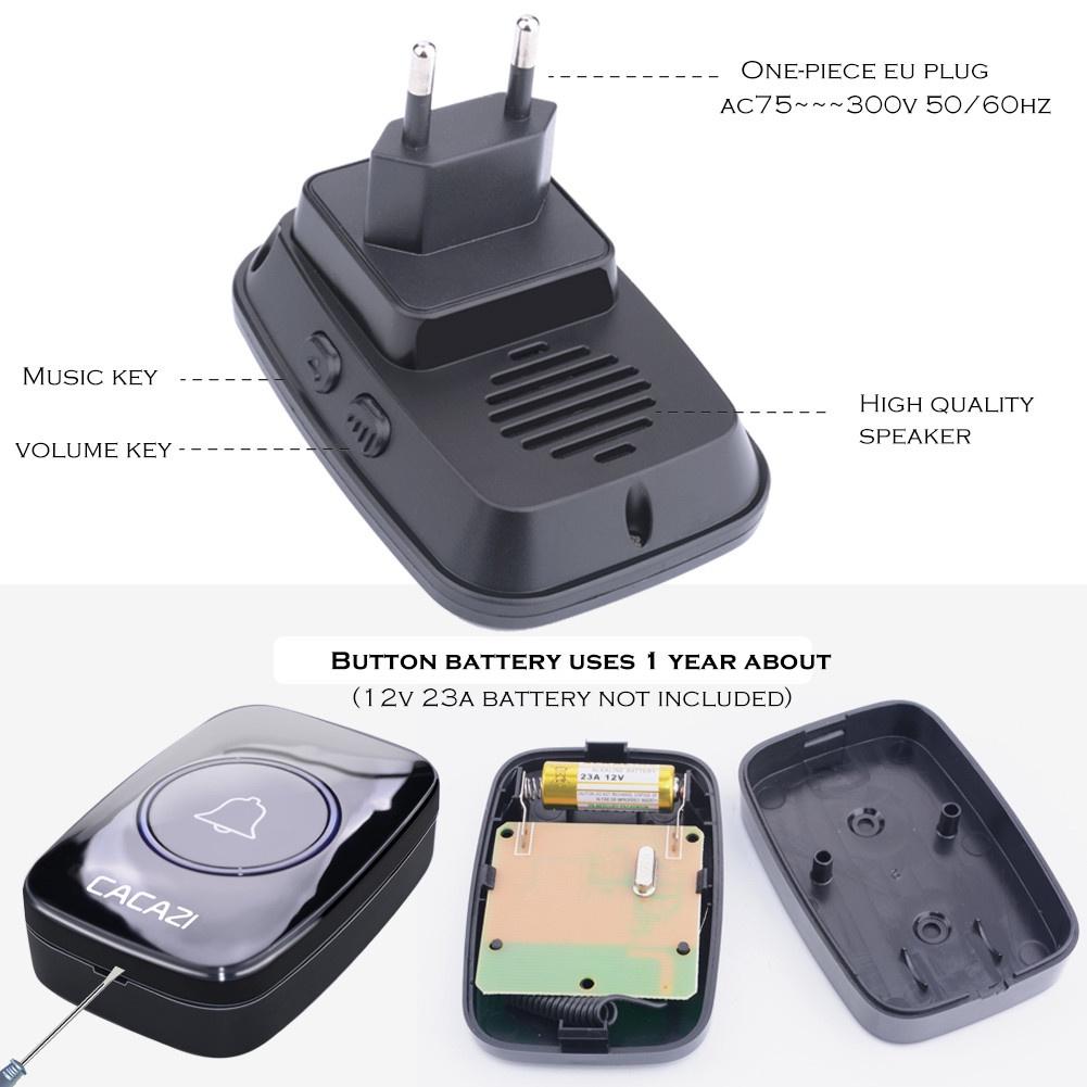 Wireless Doorbell, Waterproof Doorbell, 1 Button, 1 Receiver, 60 Ringtones, 5-level Volume Adjustment, European Standard Plug.