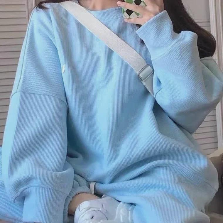 Women's Oversized Waffle Knit Two-Piece Sweater and Pants Set - Casual Loose Fit for Spring and Fall