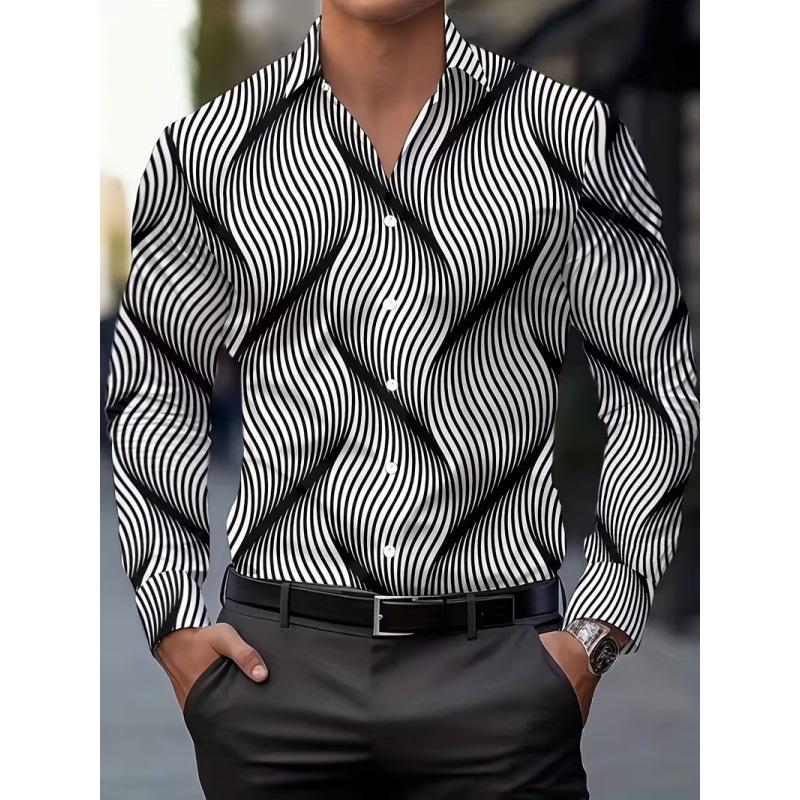 2026 Men Slim Fit Long Sleeve Geometric Line Print Dress Shirt Formal Business Casual Button Down Office Top Camisa Masculina