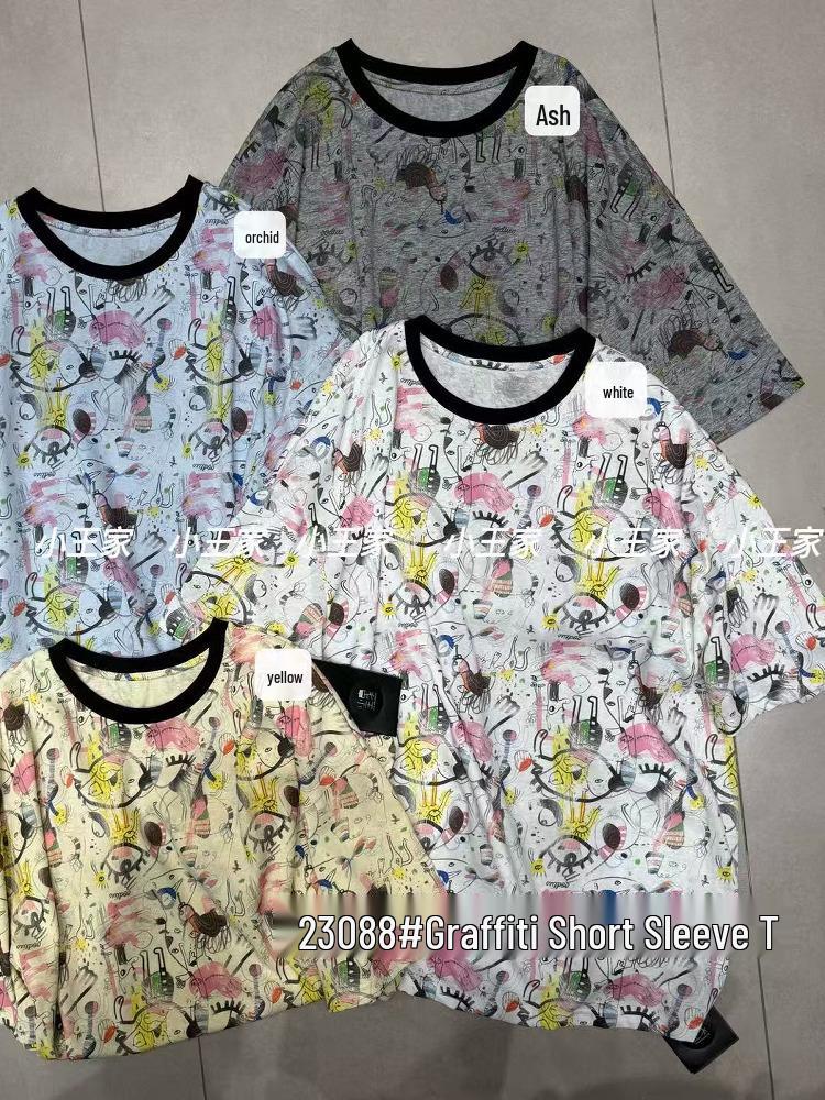 

Xiao Wang s 2023 Korean Style Loose Plus Size Graffiti Tee One Size синій