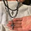 Leather crystal cross pendant, three-layer necklace, light luxury high-end clavicle chain, fashionable niche design neck chain.