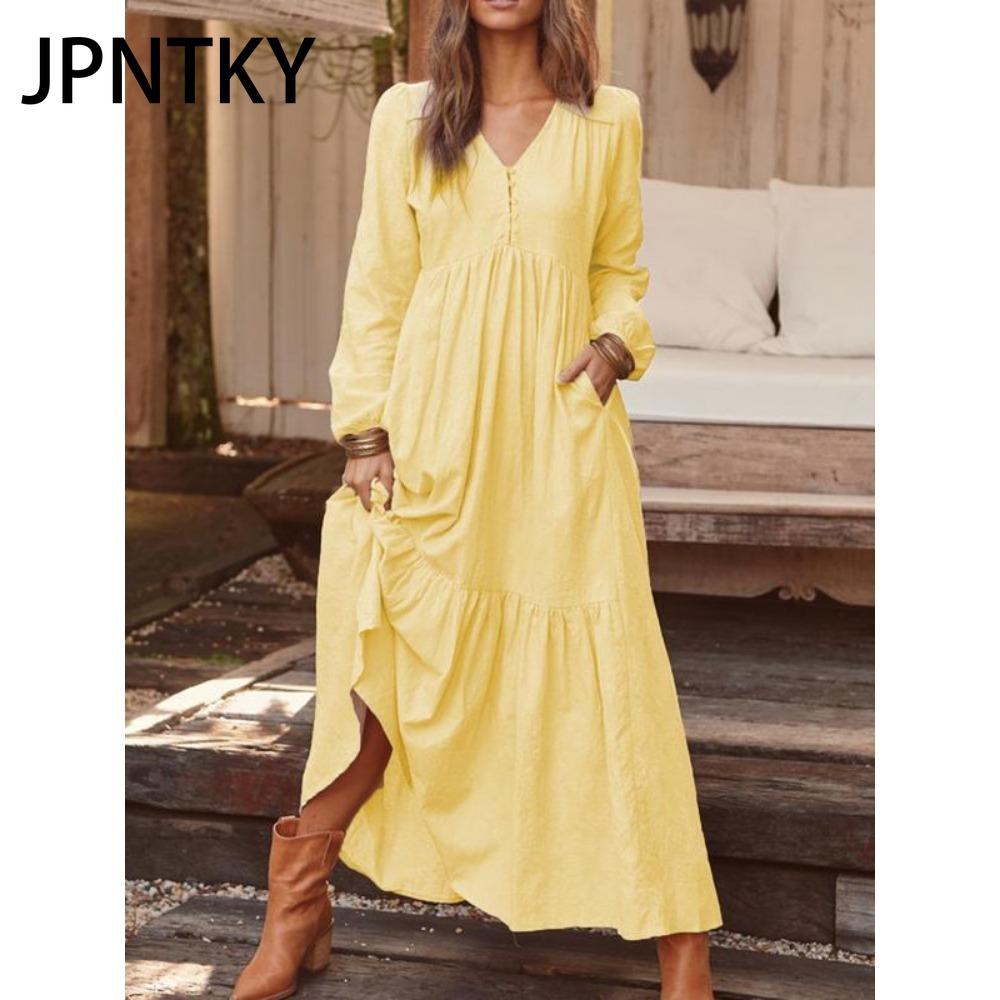 JPNTKY Women's Cotton Maxi Dress Long Sleeve Ruffle Pocket