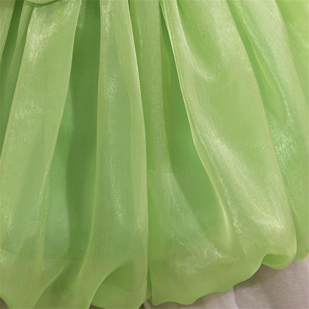 Toddler Princess Dress with 3D Rose Flowers and Shiny Satin Puff Sleeves