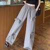 Simple Style Drawstring Bowknot Casual Pants for Women Summer High Waist Slim Loose Versatile Wide Leg Long Pants