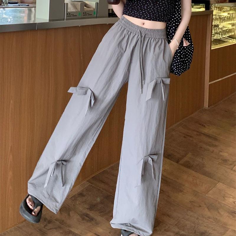 Simple Style Drawstring Bowknot Casual Pants for Women Summer High Waist Slim Loose Versatile Wide Leg Long Pants