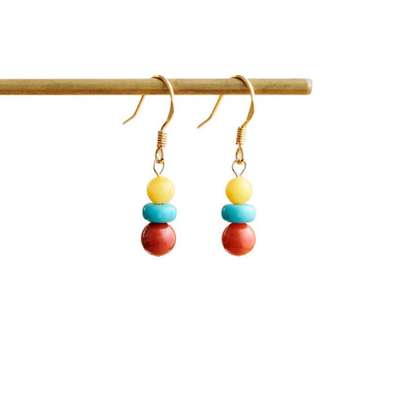 Boucles d'oreilles pendantes en argent style chinois avec agate rouge, turquoise et ambre pour femmes