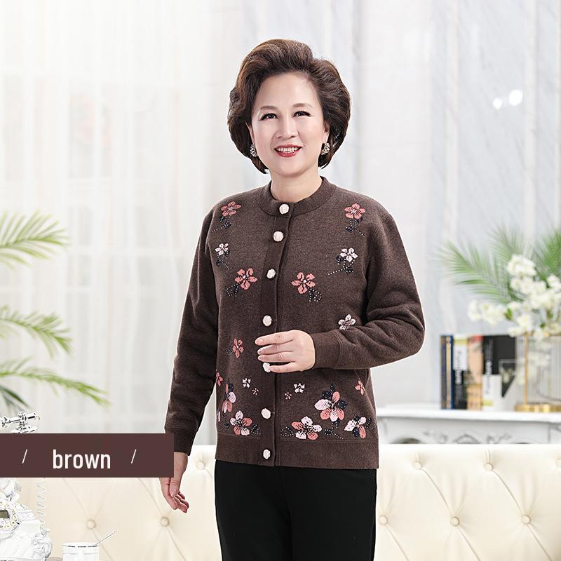 2021 New Lamb Wool Plus Velvet Cardigan: Warm Print Top for Middle-Aged and Elderly
