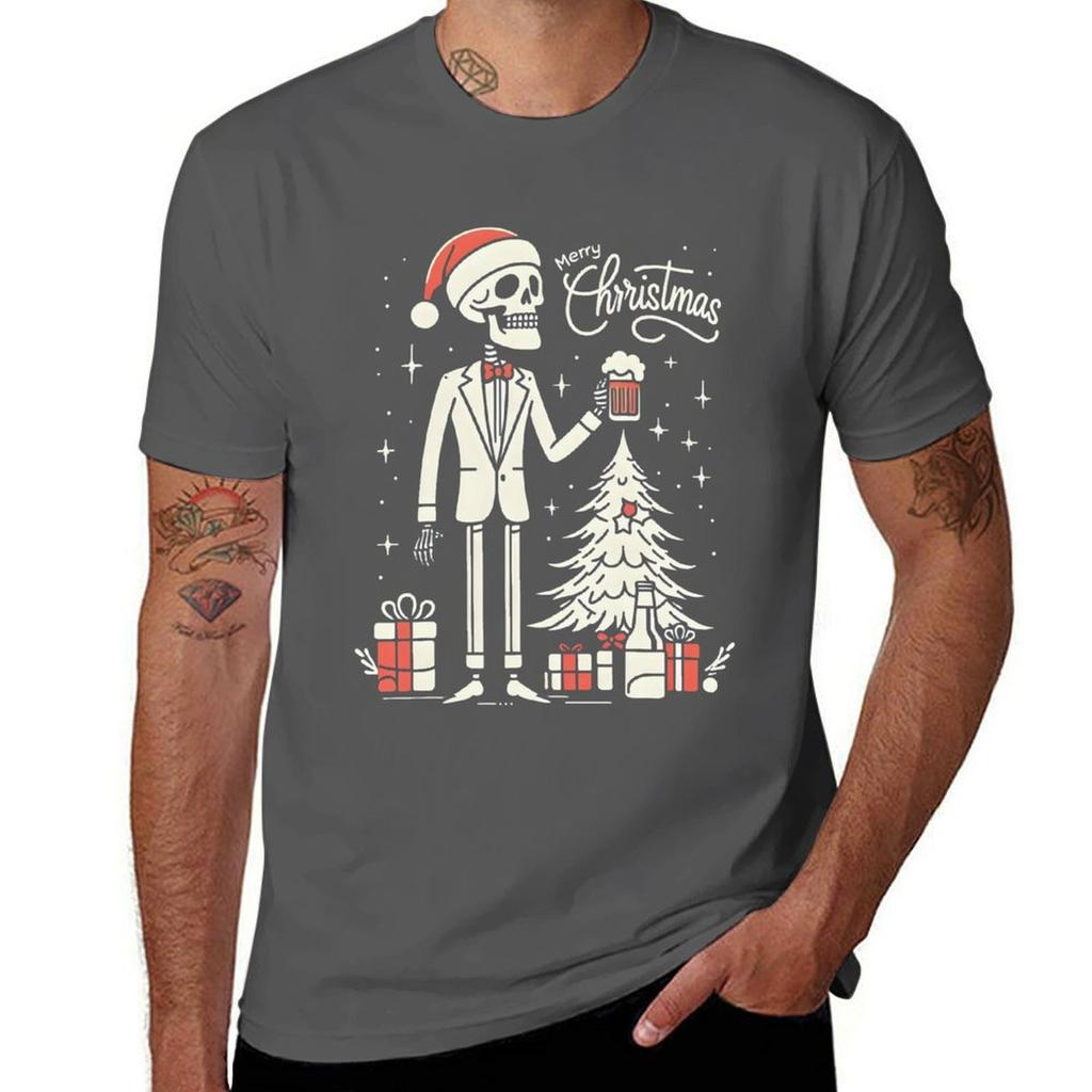 Christmas Skeleton Drinking Beer TShirt Casual Soft Cotton Short Sleeve Tee TShirt