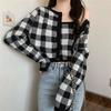 Korean Fashion Knit Long Sleeve Gingham Korean Short [KOREARU] Women's Sweater, Check, Camisole/Cardigan Set, Flattering, Stylish, Cute, Clothing,