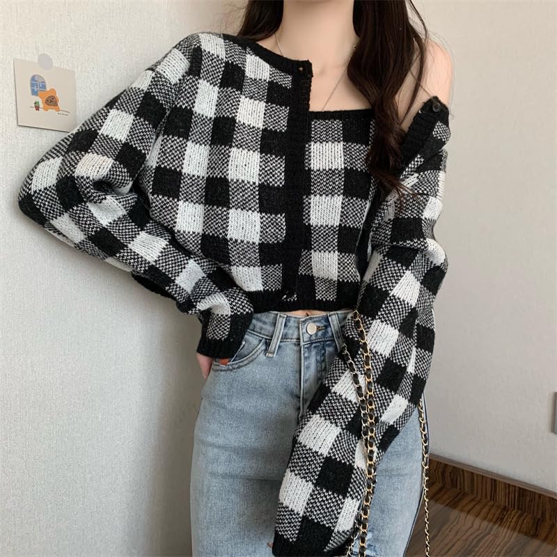Korean Fashion Knit Long Sleeve Gingham Korean Short [KOREARU] Women's Sweater, Check, Camisole/Cardigan Set, Flattering, Stylish, Cute, Clothing,