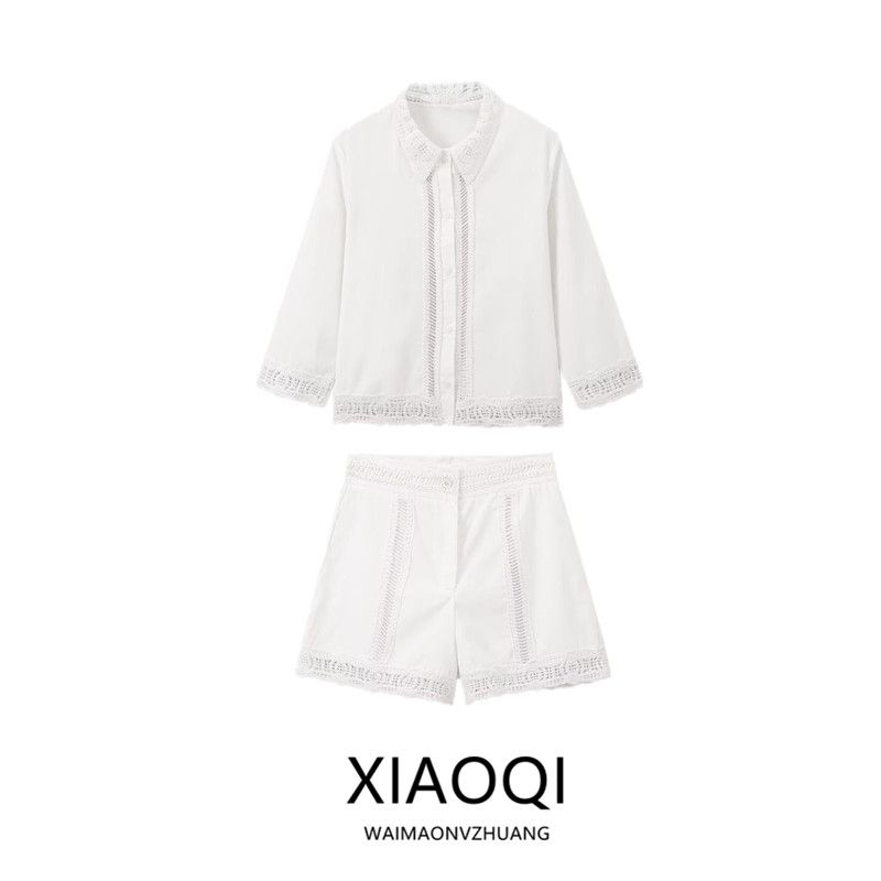 Fashion Style 2024 Autumn New Arrival Women's Stylish Cut Out Crochet Shirt Casual Mid Waist Shorts 4786252