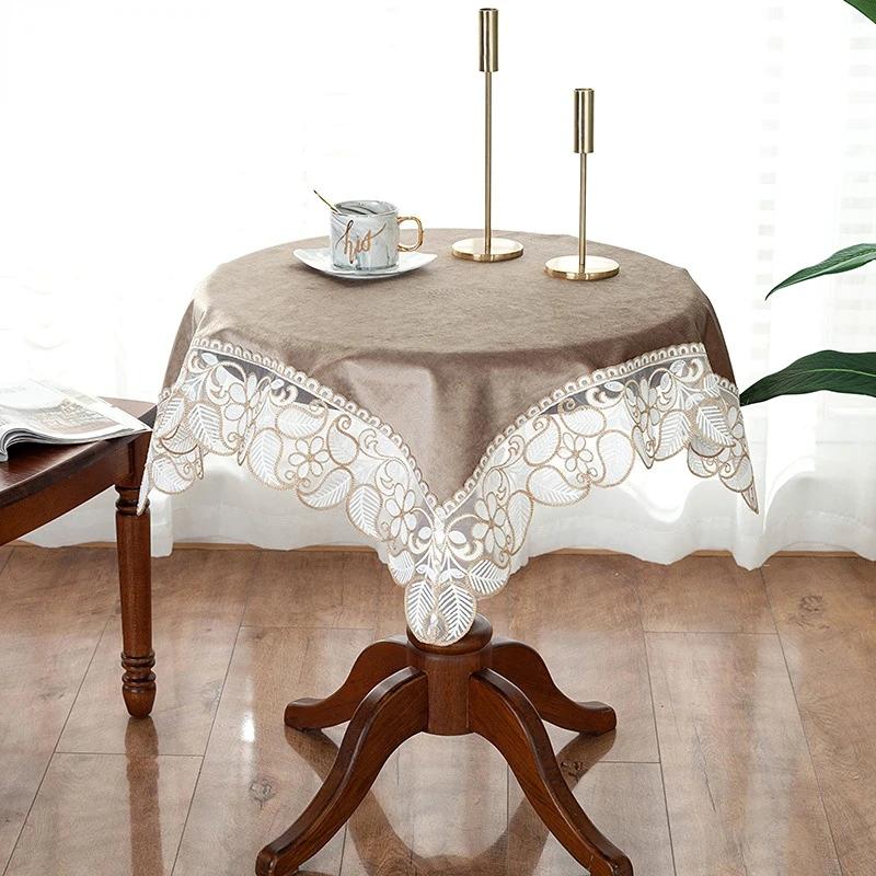 Table cloth Chocolate Golden Velvet Embroidered Luxury Table Dining Table Cover TableCloth Flower Lace Tv Cabinet Dust Cover