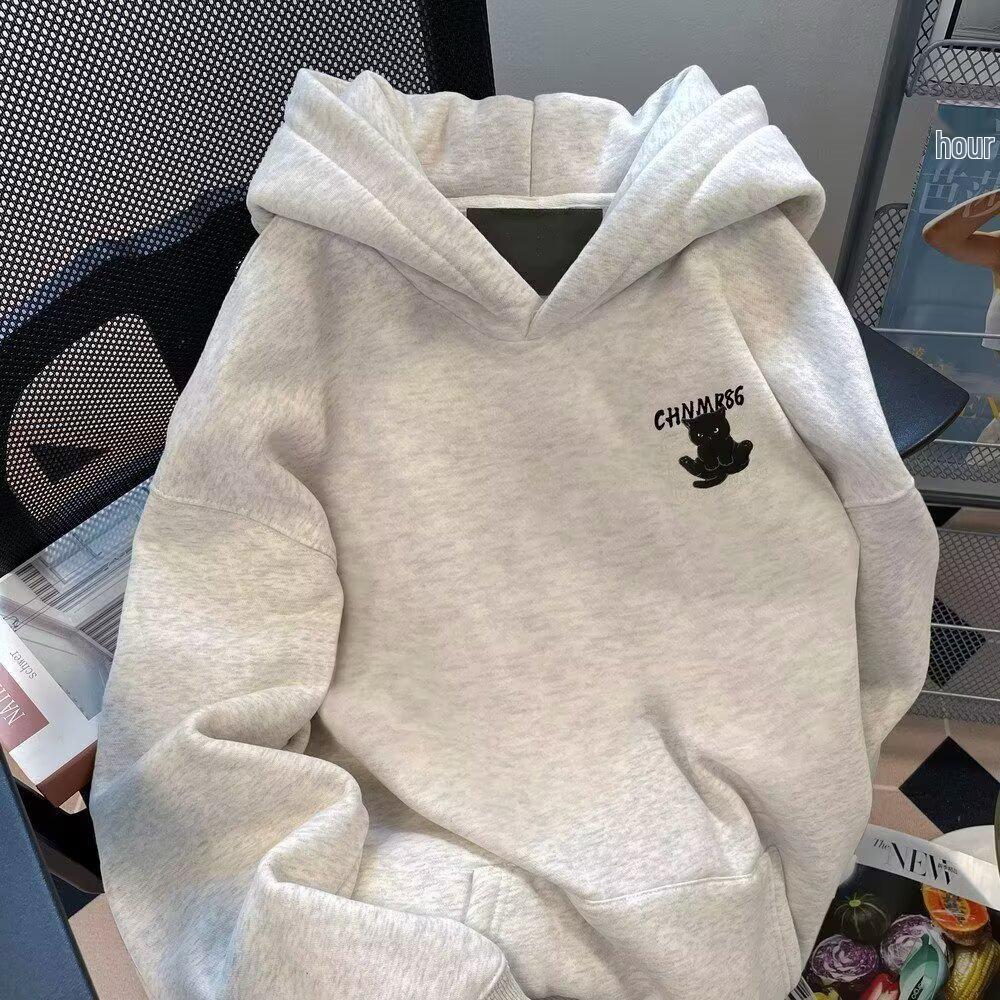 Men's Cat Print Velvet Hoodie - New Style Autumn/Winter Loose Pullover