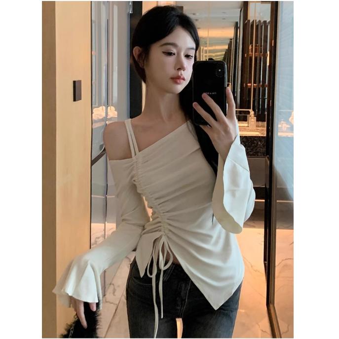 Sweet Sexy Drawstring Ribbon White Off Shoulder Top Women Basic Long Sleeve Body T-Shirt Elegant Flare Sleeve Lady Tees Pulovers