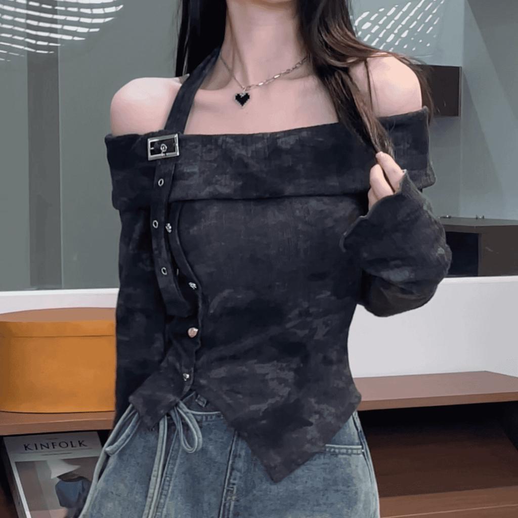 Frühlingsdesign Schulterfrei Batik Langarm Slim Fit Taillenformend Süße Bluse