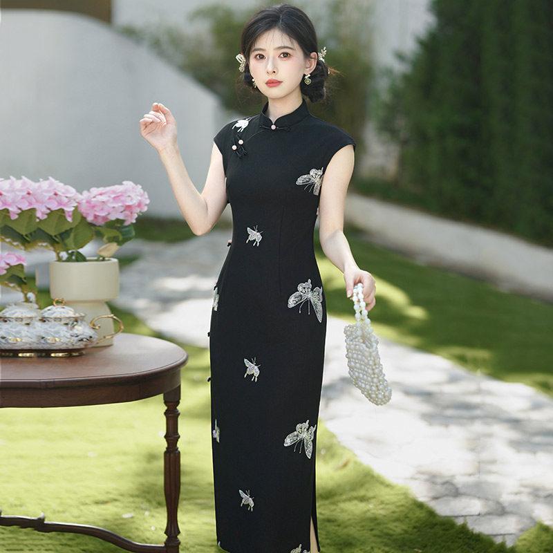 Embroidery black sleeveless national style new Chinese style Suzhou long cheongsam improved young 1011 new women's high sense
