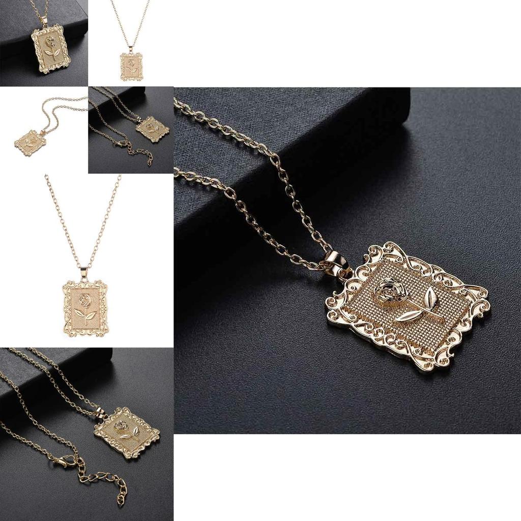 Gold Plated Pop Geometric Square Rose Flower Necklace Clavicle Sweater Chain Elegant Jewelry For Women