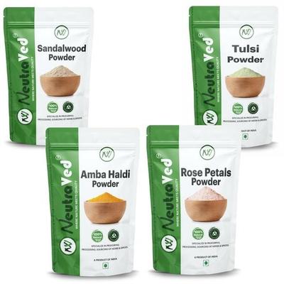 NeutraVed Tulsi (Heiliges Basilikum), Amba Haldi, Sandelholz Chandan, Rosenblütenpulver Für Haut und Gesicht Kombipackung (Packung mit 4x100g) 400 gr