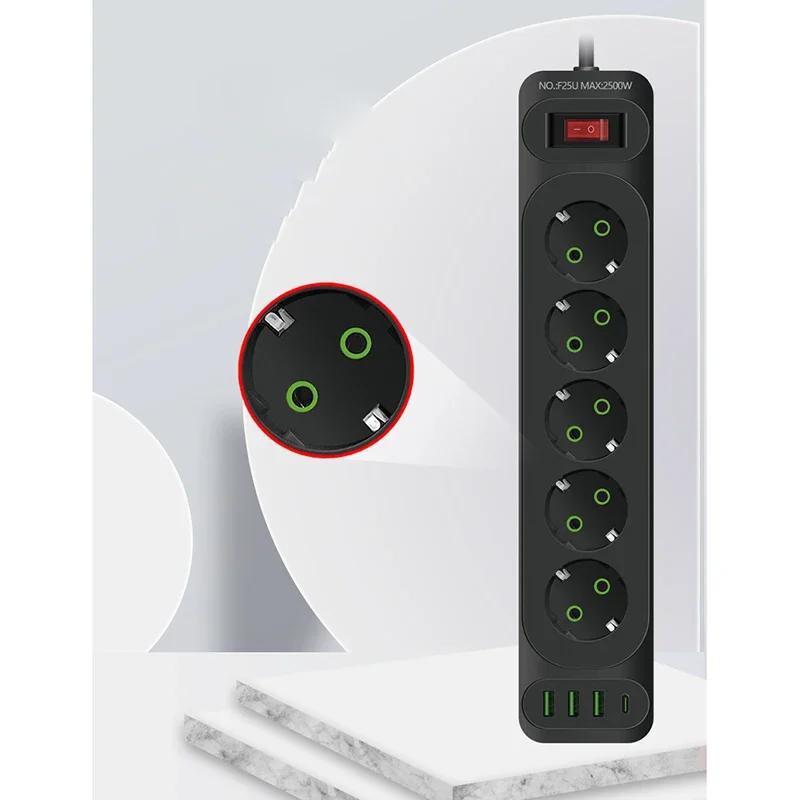 EU Plug Power Strip 5 AC Outlet Multitap Extension with 4 USB Ports 2m Cord Electrical Socket 2500W Fast Charge Surge Protector