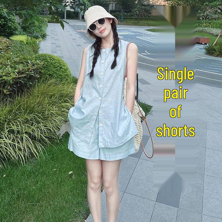 Korean Style Cotton Linen Sleeveless Shirt & Shorts Two-Piece Set - Petite Summer Outfit S (45-50 kg)