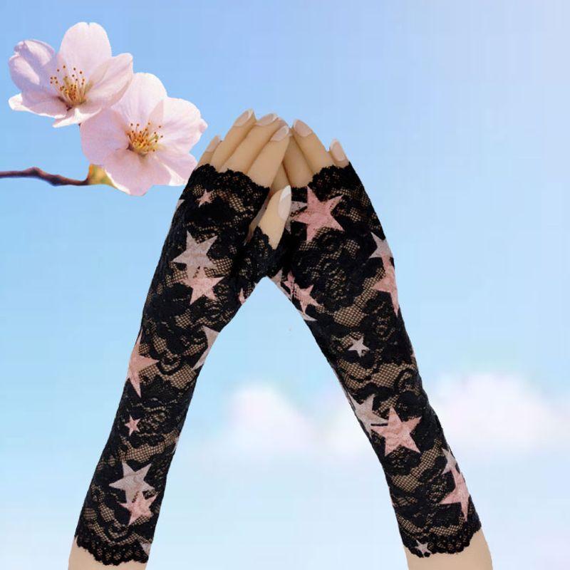

Summer Women Lace Gloves Long Thin Half Open Finger Sun Protection Sunshade Driving Riding Non-Slip Finger Division Sexy Hand Socks Flower color All yards