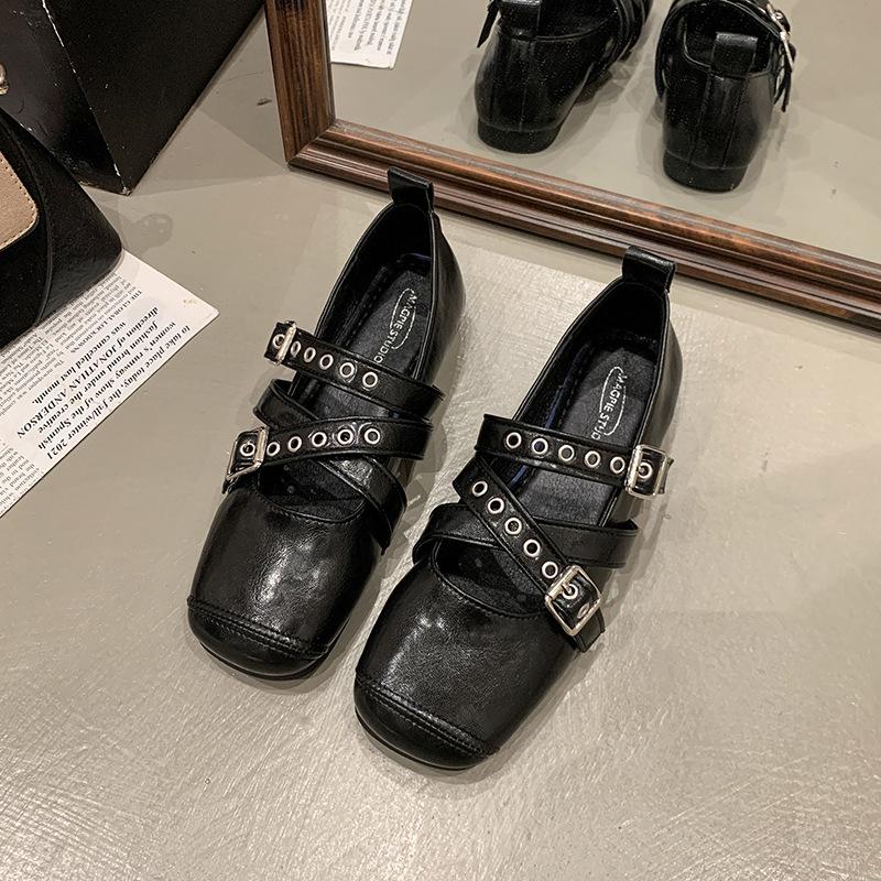 Fashion Retro Ballet Shoes Women's 2025 Summer Cross-buckle Shallow Mouth Square Head Single Shoes Versatile Flat Mary Jane Shoes