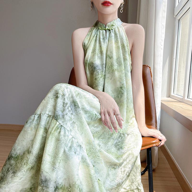 

Платье-халтер с принтом в китайском стиле для женщин, средней длины, летнее, новое, французское, свободное, прилегающее, нежное, фея-юбка XXL