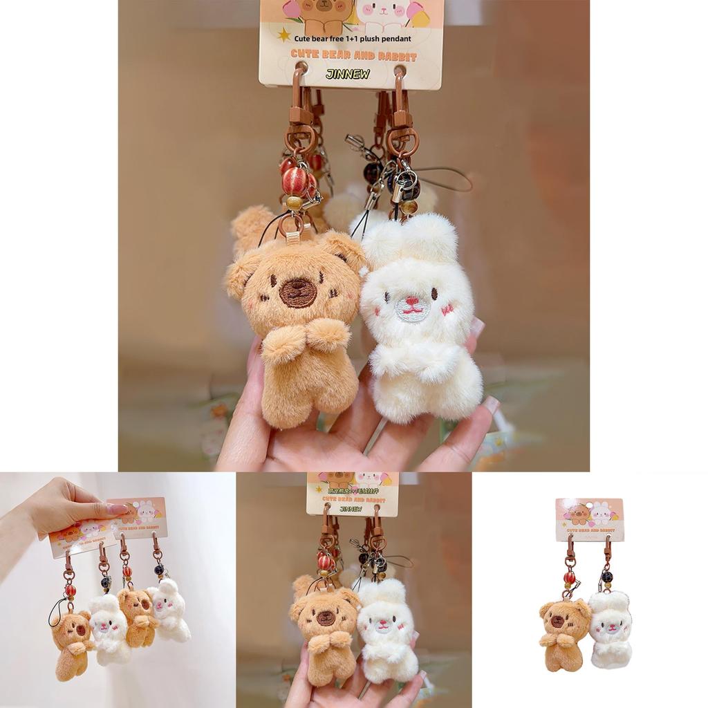 Cartoon Style Plush Keychain Pair With Soft Rabbit Bear For Mobile Phone And Bag Decor