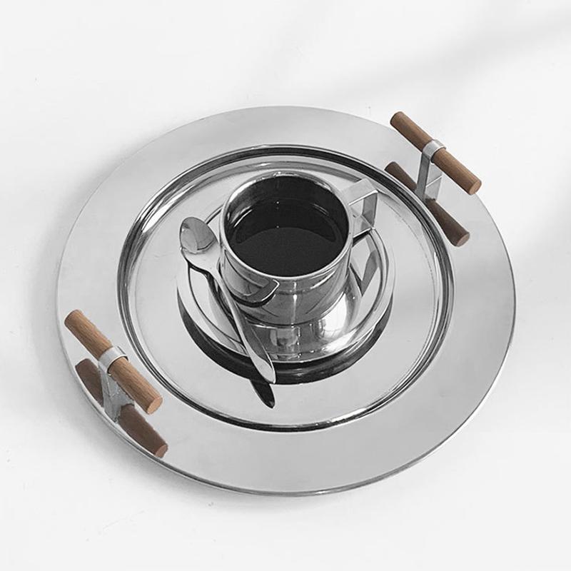 1PC Electroplating Color Decoration Stainless Steel Scandinavian Storage Round Tray Ins Wind Round Tray Wooden Handle