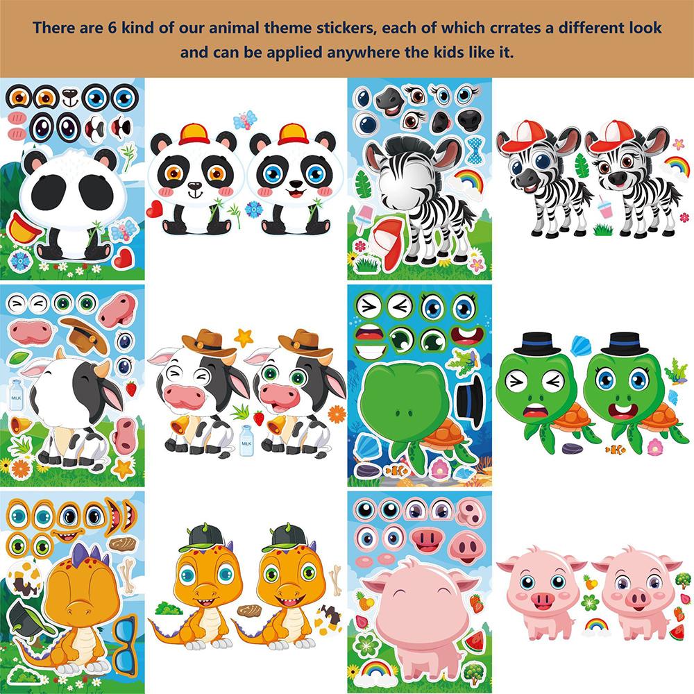 6/12sheets Funny Kawaii Cartoon Animals Puzzle Game Stickers Cute Make a Face Decals DIY Notebook Assemble Jigsaw Toys Sticker