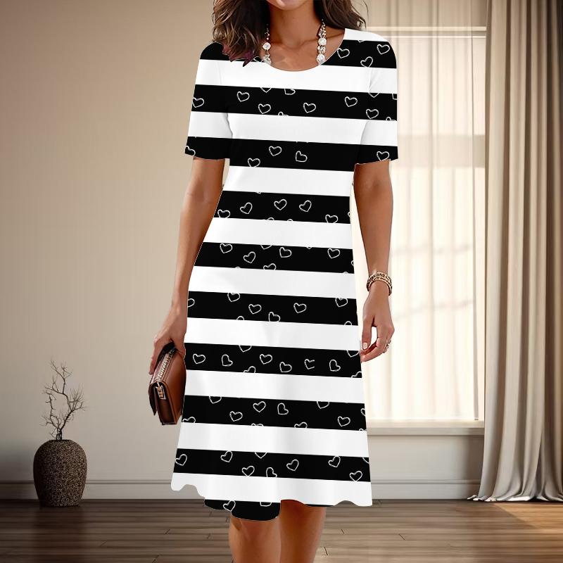 Women's Fashion Graceful Striped Heart Print Summer Spring Short Sleeve O-Neck Casual Dresses