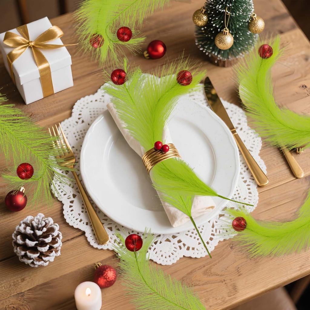 12PCS Christmas Picks Sprays Tree Topper Lime Green Curly with Red Ball Artificial Pampas Stems for Xmas Tree Crafts Home Decor