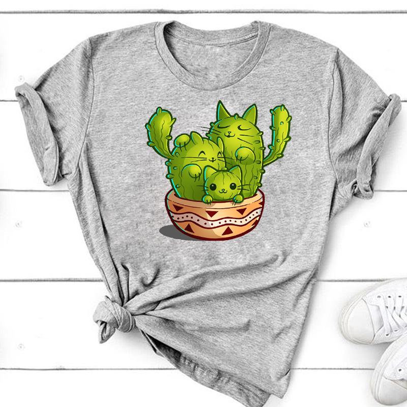 (Asian Size) Short Sleeve Print Cactus Trend Lovely Style Female T Clothing Summer Top Casual Ladies Graphic Tee Women's Fashion T-shirt