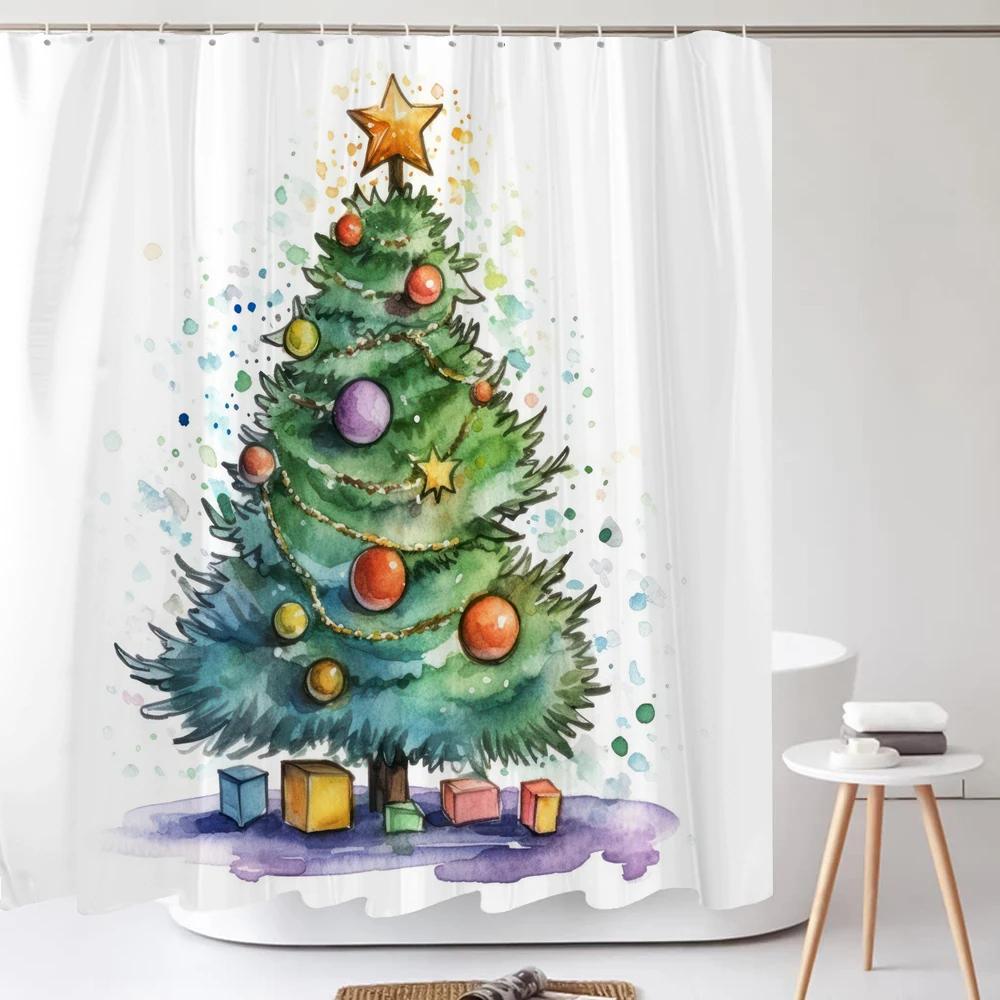 Christmas Shower Curtain Santa Claus Winter Christmas Tree Polyester Colorful Bath Curtain Home Bathroom Decor Curtain With Hook