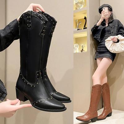 Damen Westernstiefel mit mittlerer Wade, Pu-Leder, Nietenstiefel, Damen, schwarz, Cowboy, Retro, Damen, Arbeitsschuhe, Damen, Vintage, lässig, Botas